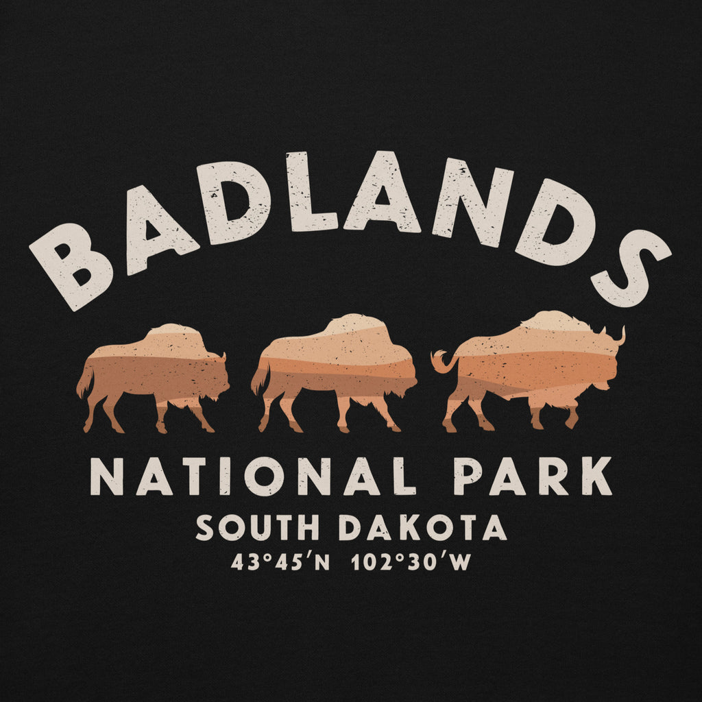 Badlands National Park South Dakota Bison vintage graphic, printed on a SodaPop Cool hoodie.