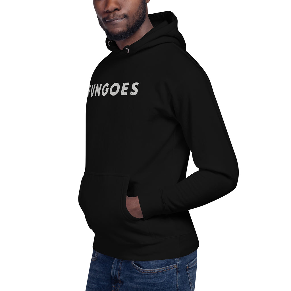 "Fungoes" in simple vintage baseball lettering, printed on a SodaPop Cool hoodie.