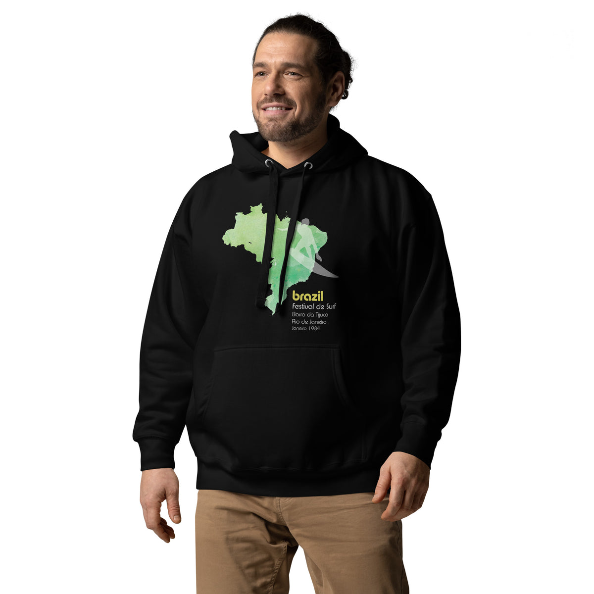 Brazil country outline with a surfer figure and "1984", vintage surf festival poster styling, printed on a SodaPop Cool hoodie.