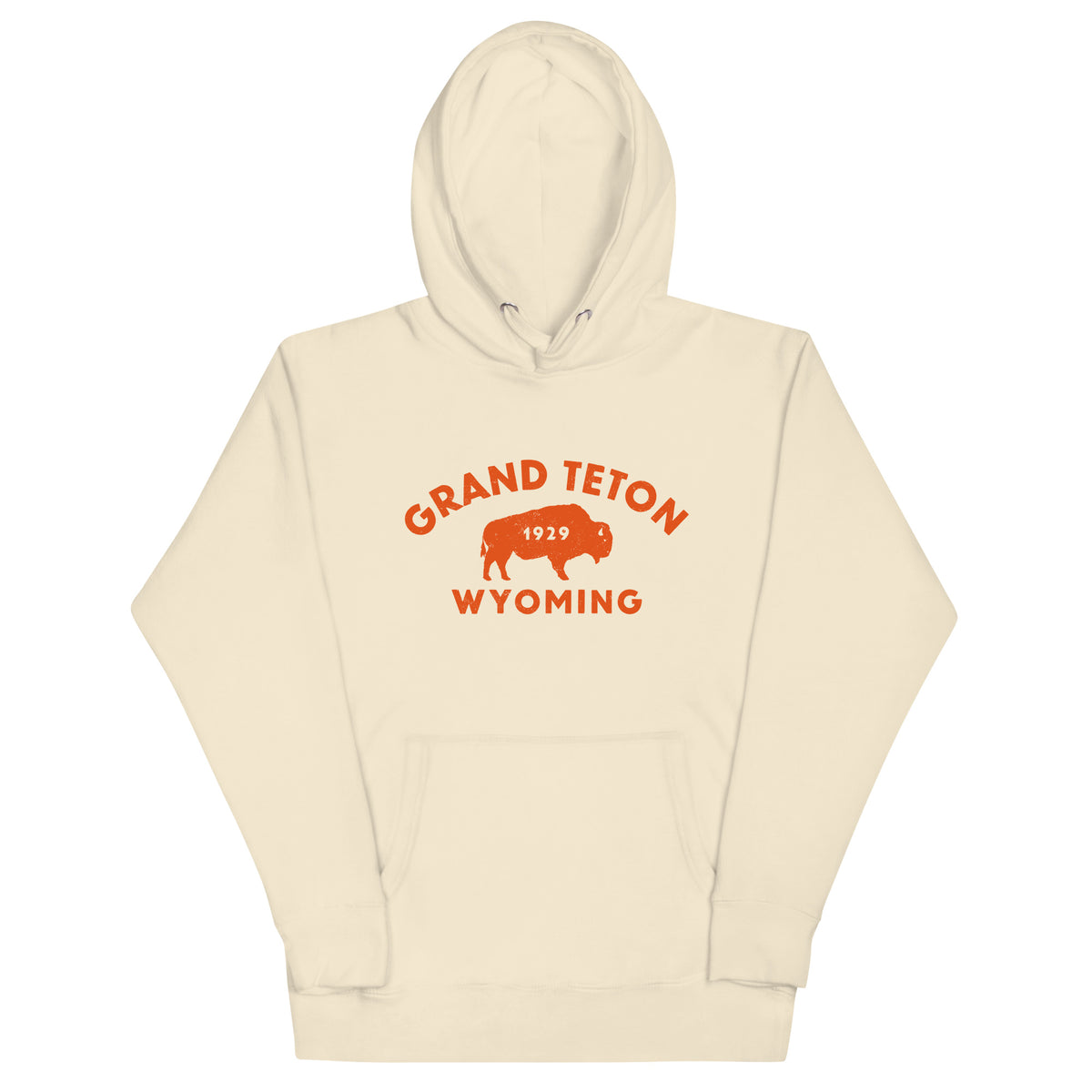 Bison in front of Grand Teton rock formations, vintage national park poster styling, printed on a SodaPop Cool hoodie.