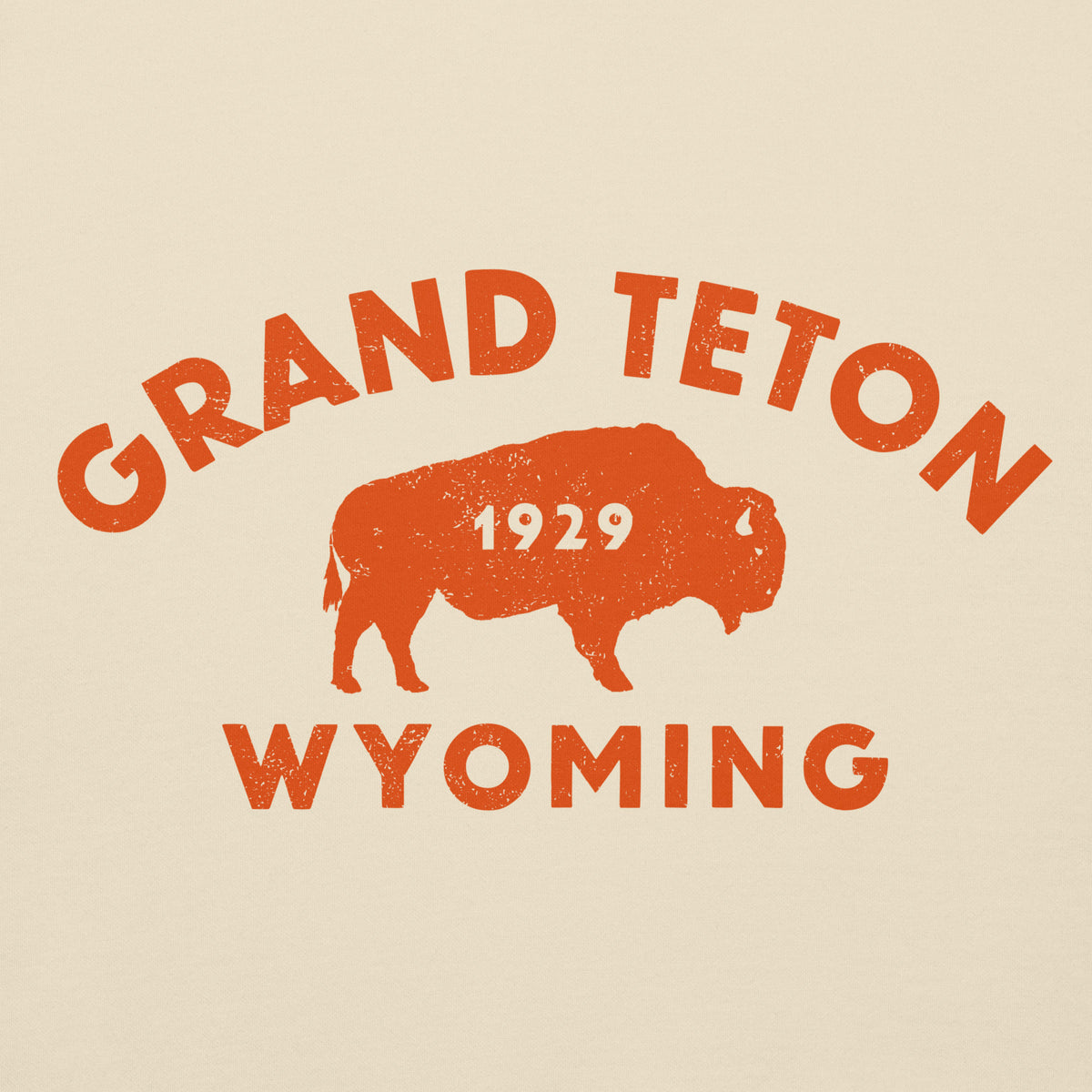Bison in front of Grand Teton rock formations, vintage national park poster styling, printed on a SodaPop Cool hoodie.