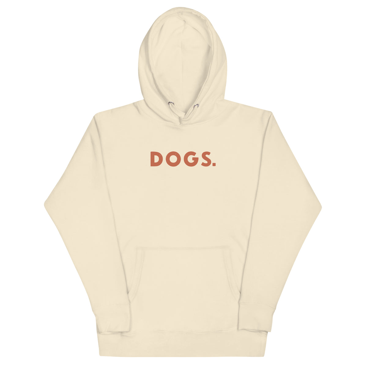 The word "Dogs." with a full stop, in vintage print styling, printed on a SodaPop Cool hoodie.