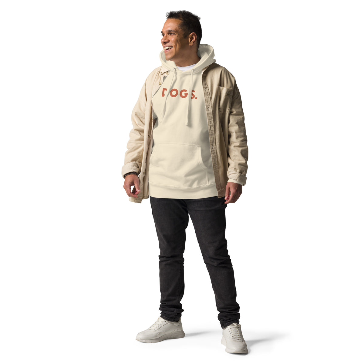 The word "Dogs." with a full stop, in vintage print styling, printed on a SodaPop Cool hoodie.