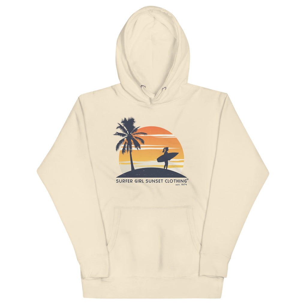 Surfer Girl Sunset Clothing vintage graphic, printed on a SodaPop Cool hoodie.