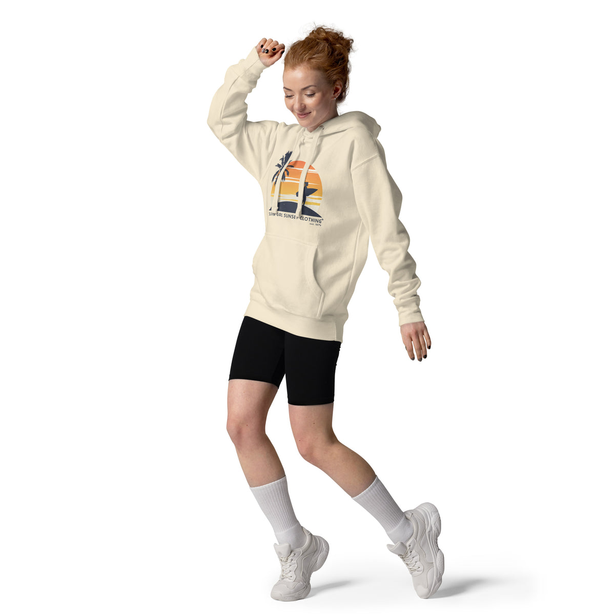 Surfer Girl Sunset Clothing vintage graphic, printed on a SodaPop Cool hoodie.