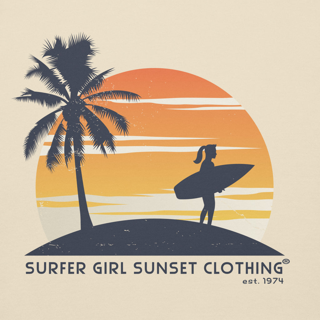 Surfer Girl Sunset Clothing vintage graphic, printed on a SodaPop Cool hoodie.