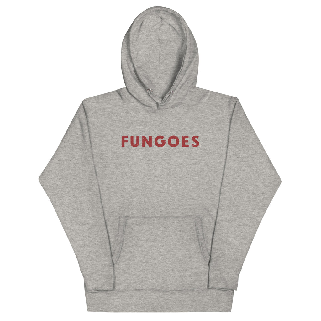 "Fungoes" in simple vintage baseball lettering, printed on a SodaPop Cool hoodie.