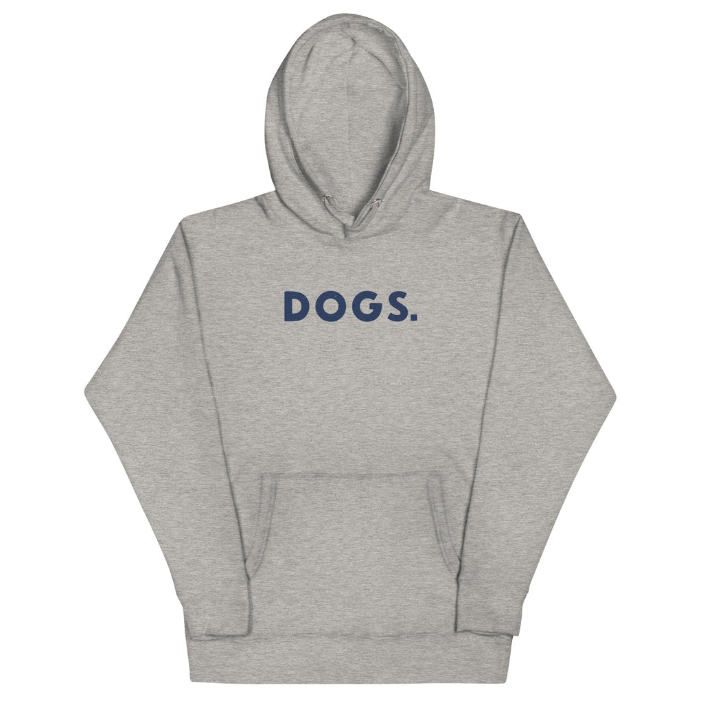 The word "Dogs." with a full stop, in vintage print styling, printed on a SodaPop Cool hoodie.