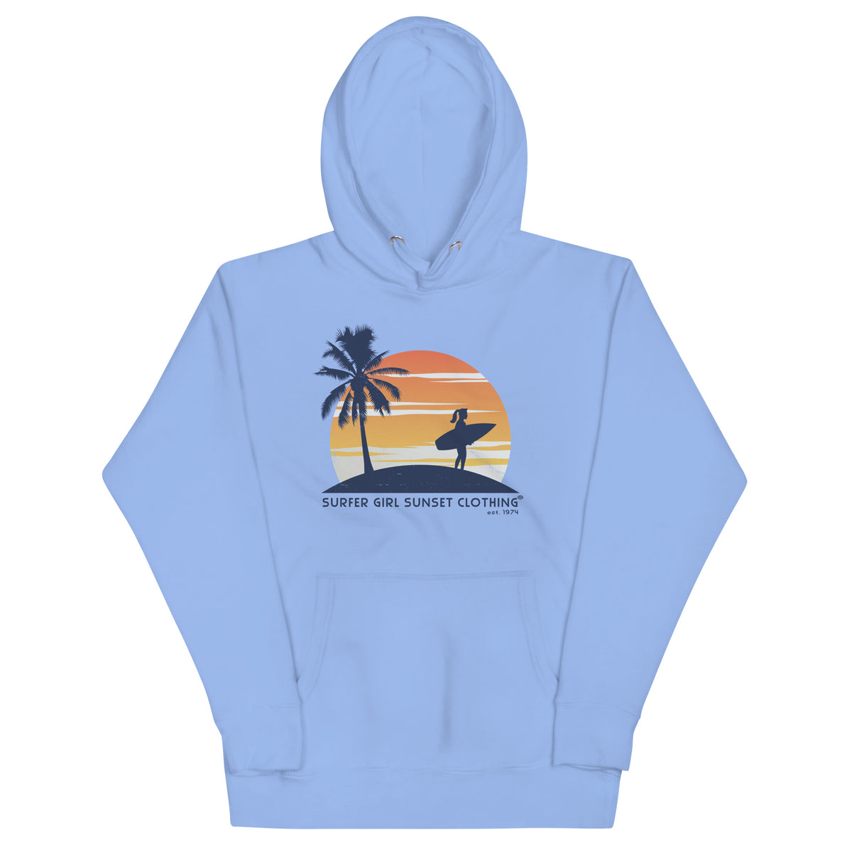 Surfer Girl Sunset Clothing vintage graphic, printed on a SodaPop Cool hoodie.