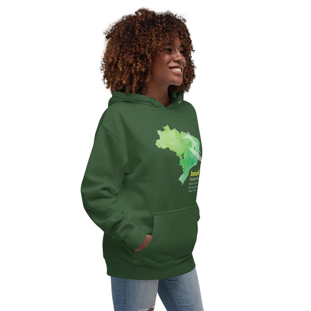 Brazil country outline with a surfer figure and "1984", vintage surf festival poster styling, printed on a SodaPop Cool hoodie.