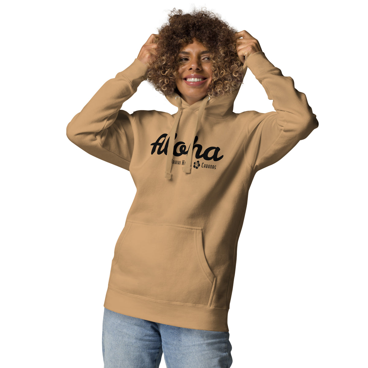 "Waikiki Hotel &amp; Cabanas" in vintage Hawaiian resort lettering, printed on a SodaPop Cool hoodie.