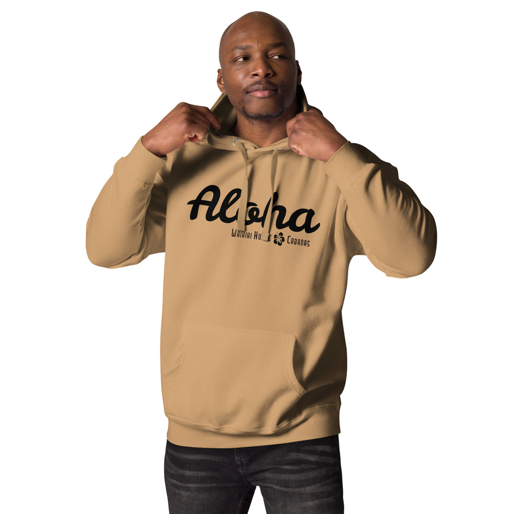 "Waikiki Hotel &amp; Cabanas" in vintage Hawaiian resort lettering, printed on a SodaPop Cool hoodie.