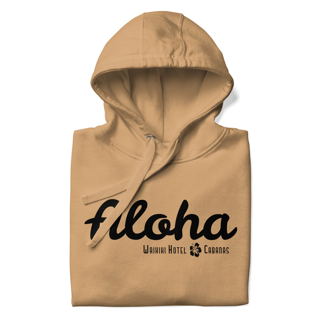 "Waikiki Hotel &amp; Cabanas" in vintage Hawaiian resort lettering, printed on a SodaPop Cool hoodie.