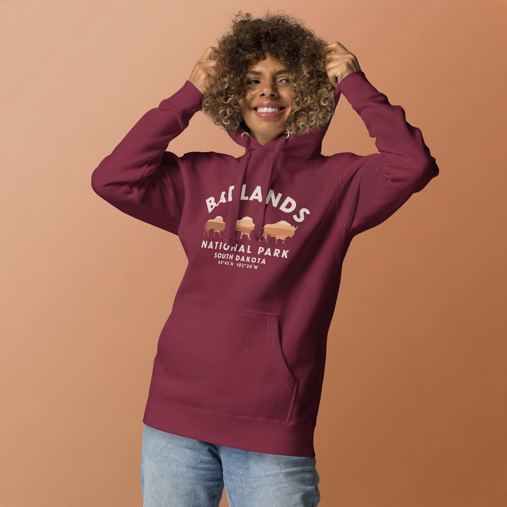 Badlands National Park South Dakota Bison vintage graphic, printed on a SodaPop Cool hoodie.
