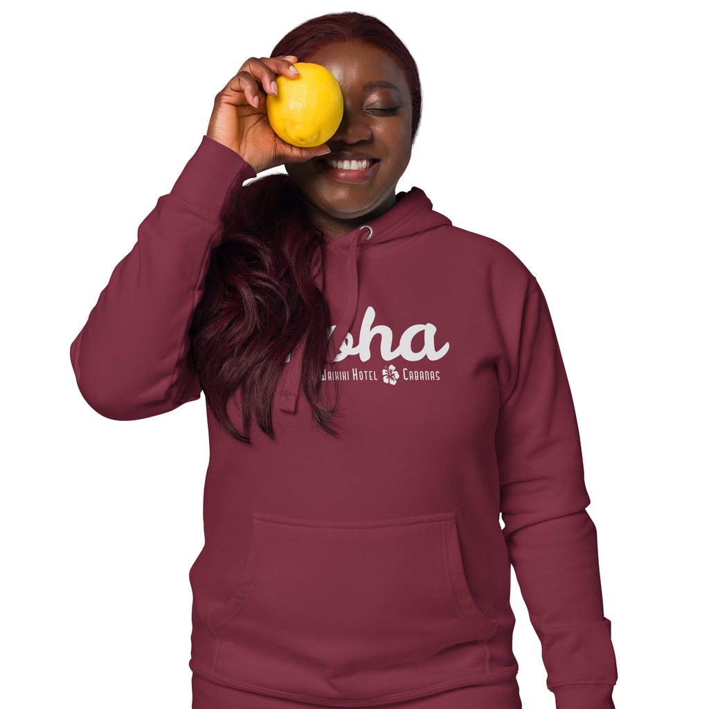 "Waikiki Hotel &amp; Cabanas" in vintage Hawaiian resort lettering, printed on a SodaPop Cool hoodie.