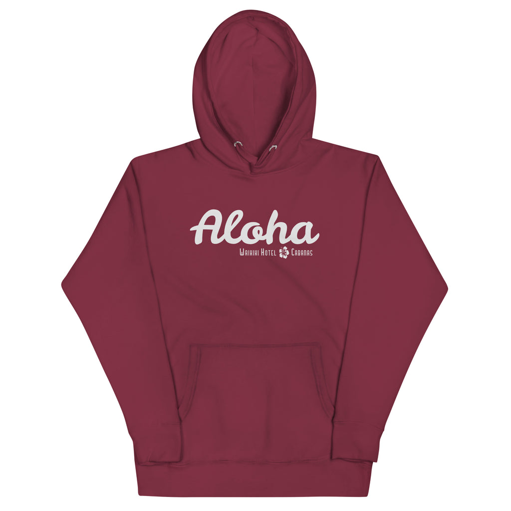 "Waikiki Hotel &amp; Cabanas" in vintage Hawaiian resort lettering, printed on a SodaPop Cool hoodie.