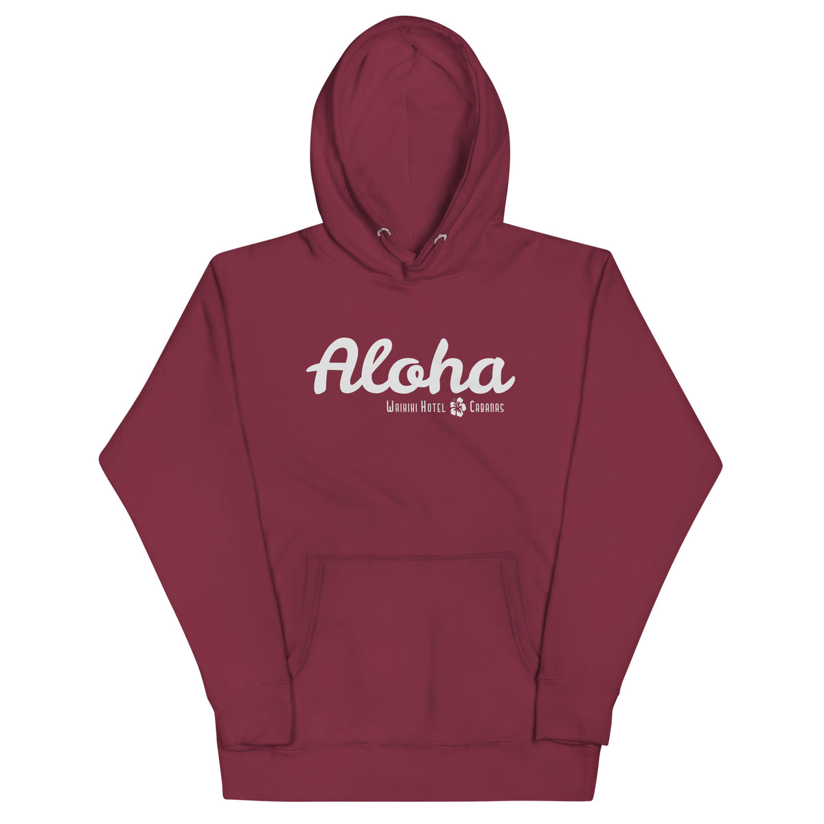 "Waikiki Hotel &amp; Cabanas" in vintage Hawaiian resort lettering, printed on a SodaPop Cool hoodie.