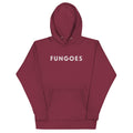 "Fungoes" in simple vintage baseball lettering, printed on a SodaPop Cool hoodie.