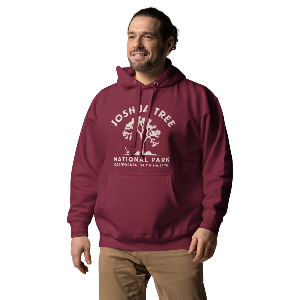 Joshua tree and a desert bird in classic national park styling, printed on a SodaPop Cool hoodie.