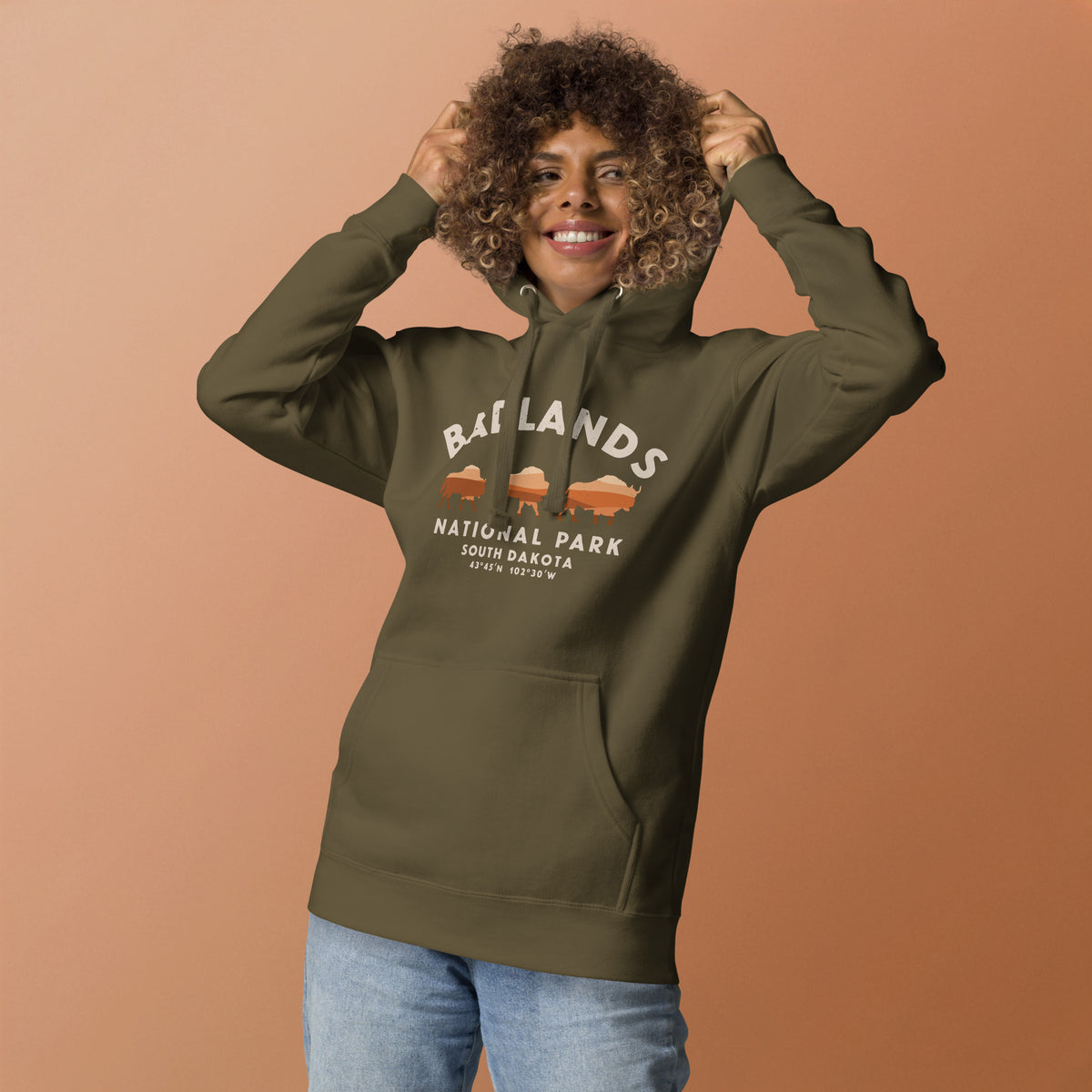 Badlands National Park South Dakota Bison vintage graphic, printed on a SodaPop Cool hoodie.