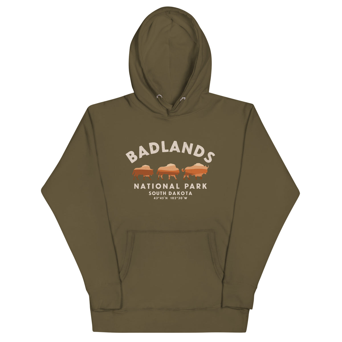 Badlands National Park South Dakota Bison vintage graphic, printed on a SodaPop Cool hoodie.