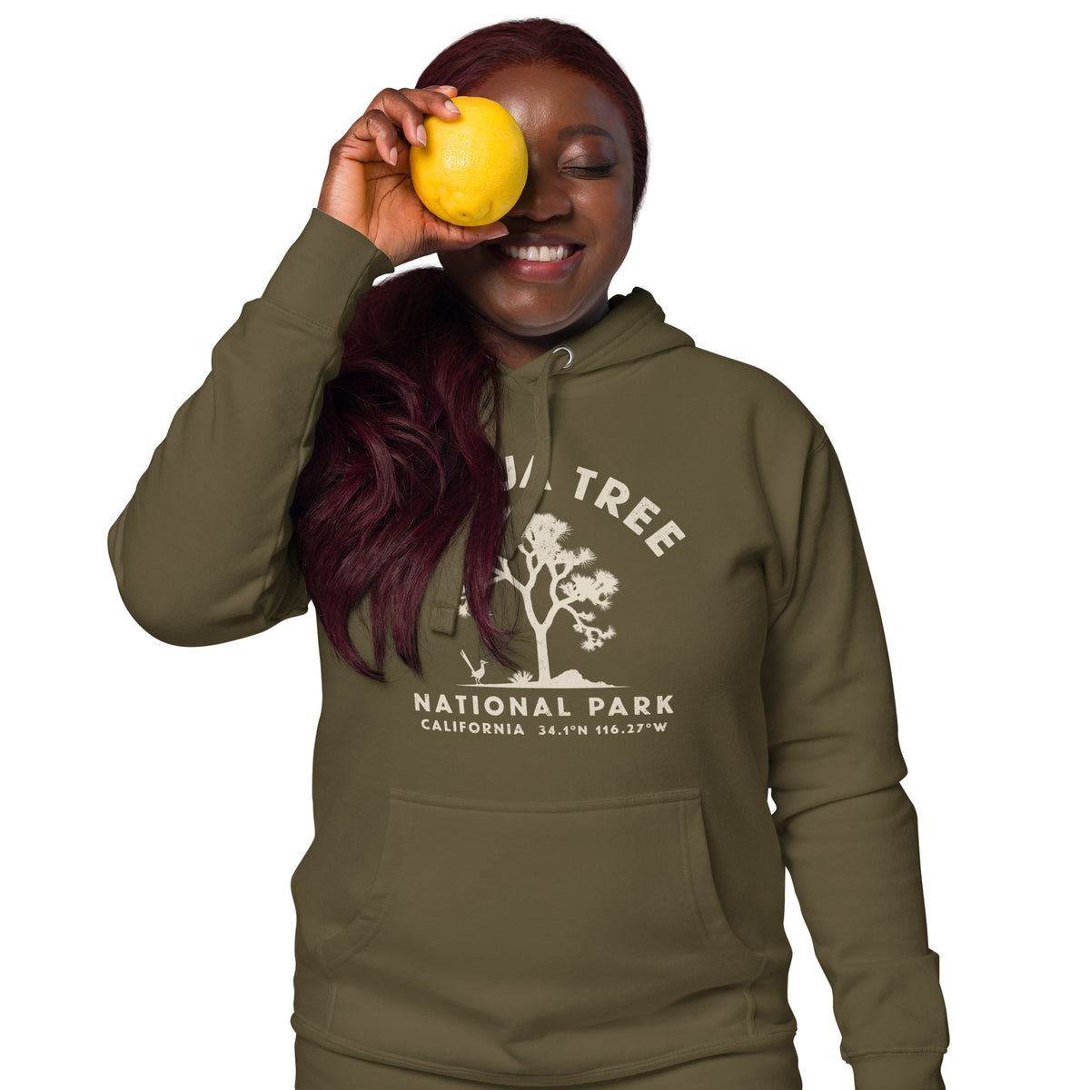 Joshua tree and a desert bird in classic national park styling, printed on a SodaPop Cool hoodie.