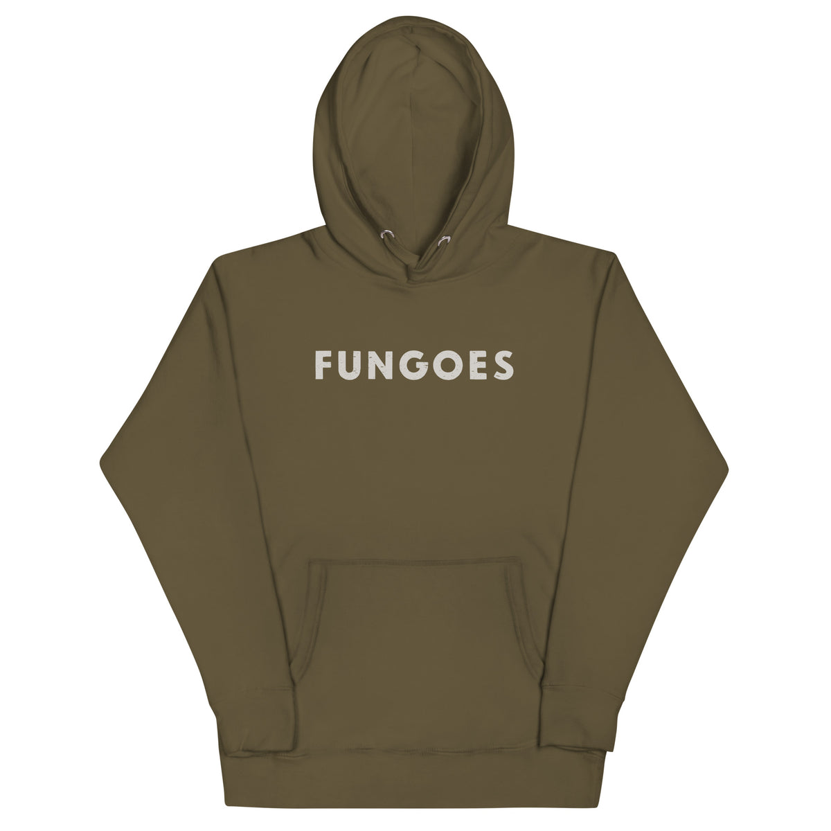 "Fungoes" in simple vintage baseball lettering, printed on a SodaPop Cool hoodie.