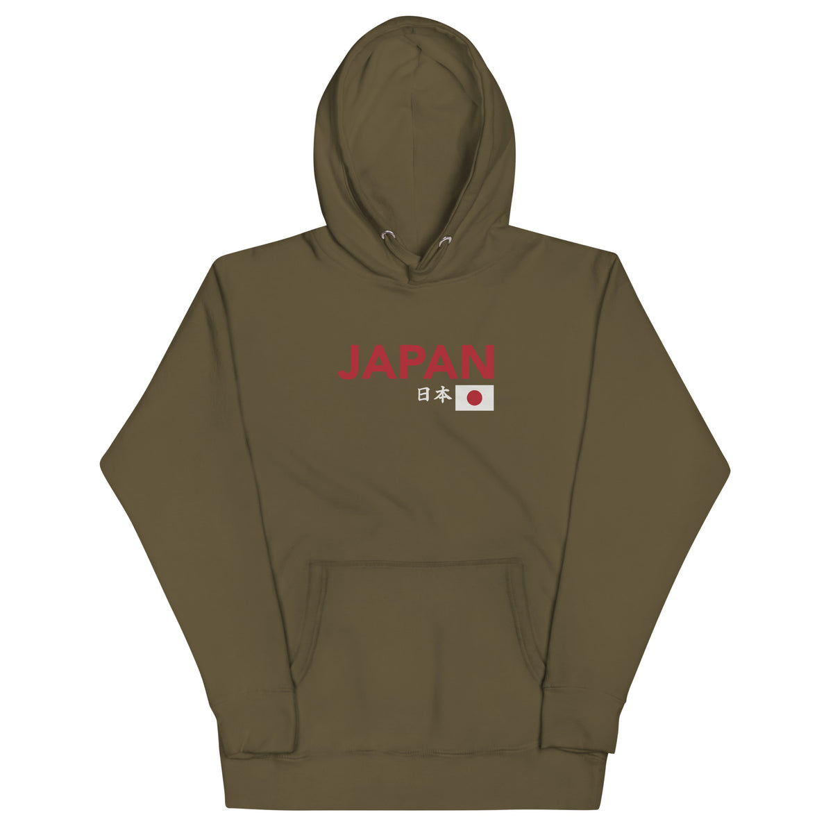 Japanese flag with "Japan" in both Japanese and English classic type, printed on a SodaPop Cool hoodie.