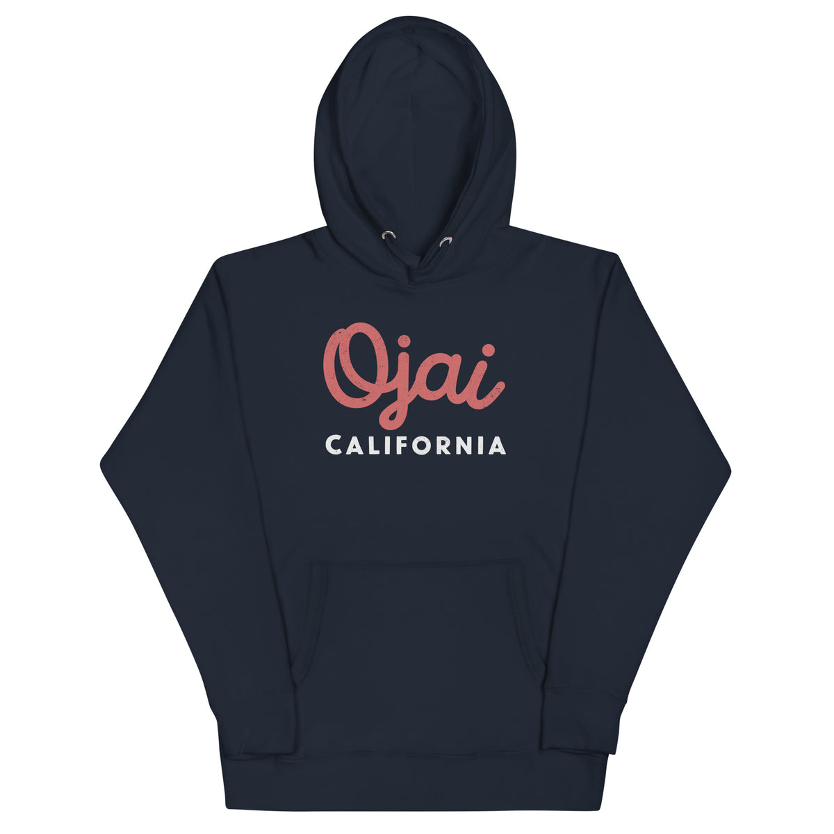 "Ojai California" in classic vintage lettering, printed on a SodaPop Cool hoodie.