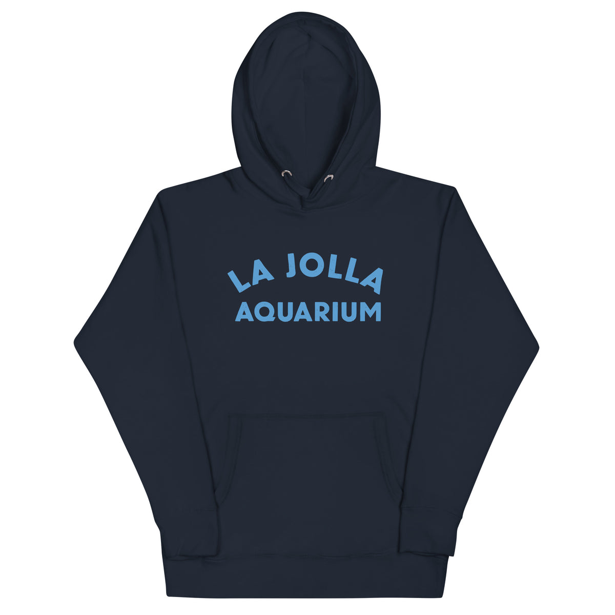 "La Jolla Aquarium" in classic vintage type, printed on a SodaPop Cool hoodie.