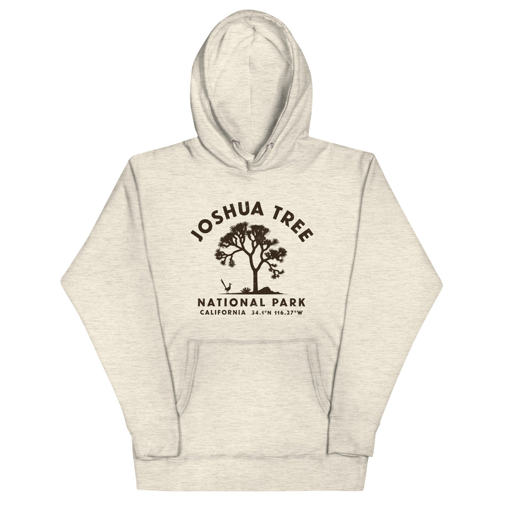 Joshua tree and a desert bird in classic national park styling, printed on a SodaPop Cool hoodie.