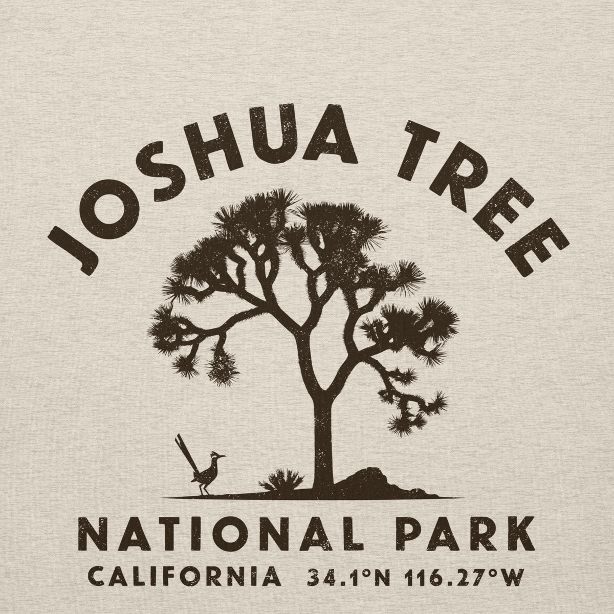 Joshua tree and a desert bird in classic national park styling, printed on a SodaPop Cool hoodie.