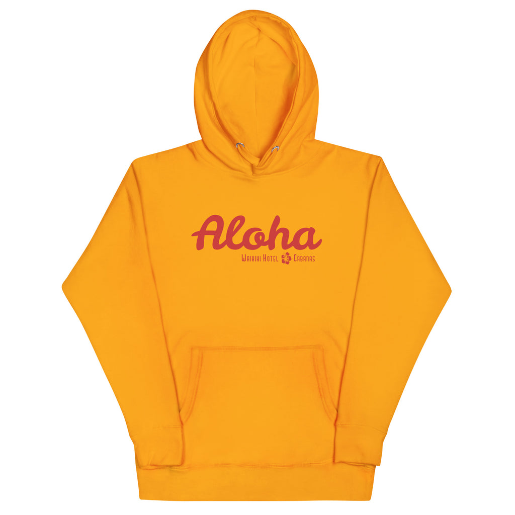 "Waikiki Hotel &amp; Cabanas" in vintage Hawaiian resort lettering, printed on a SodaPop Cool hoodie.