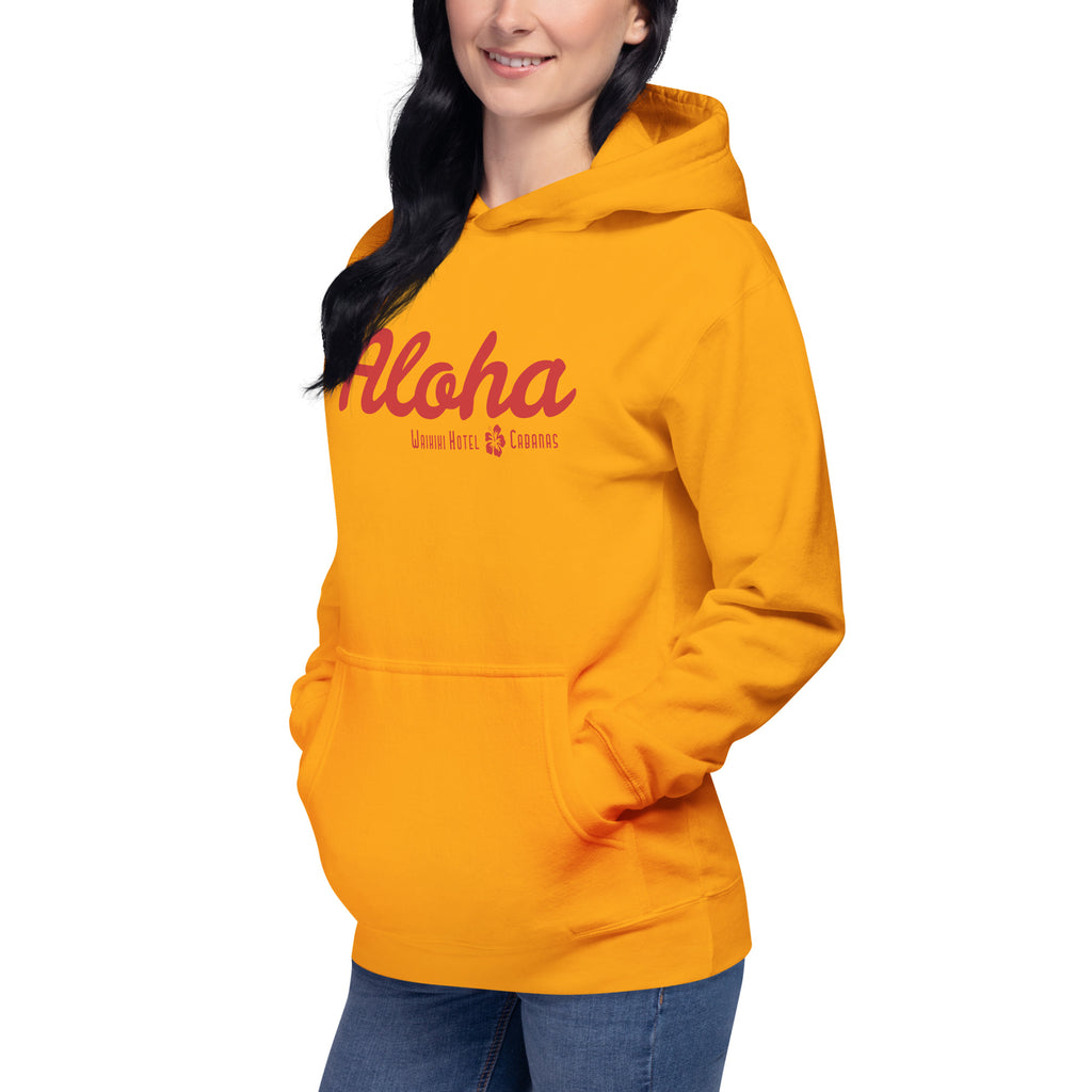 "Waikiki Hotel &amp; Cabanas" in vintage Hawaiian resort lettering, printed on a SodaPop Cool hoodie.