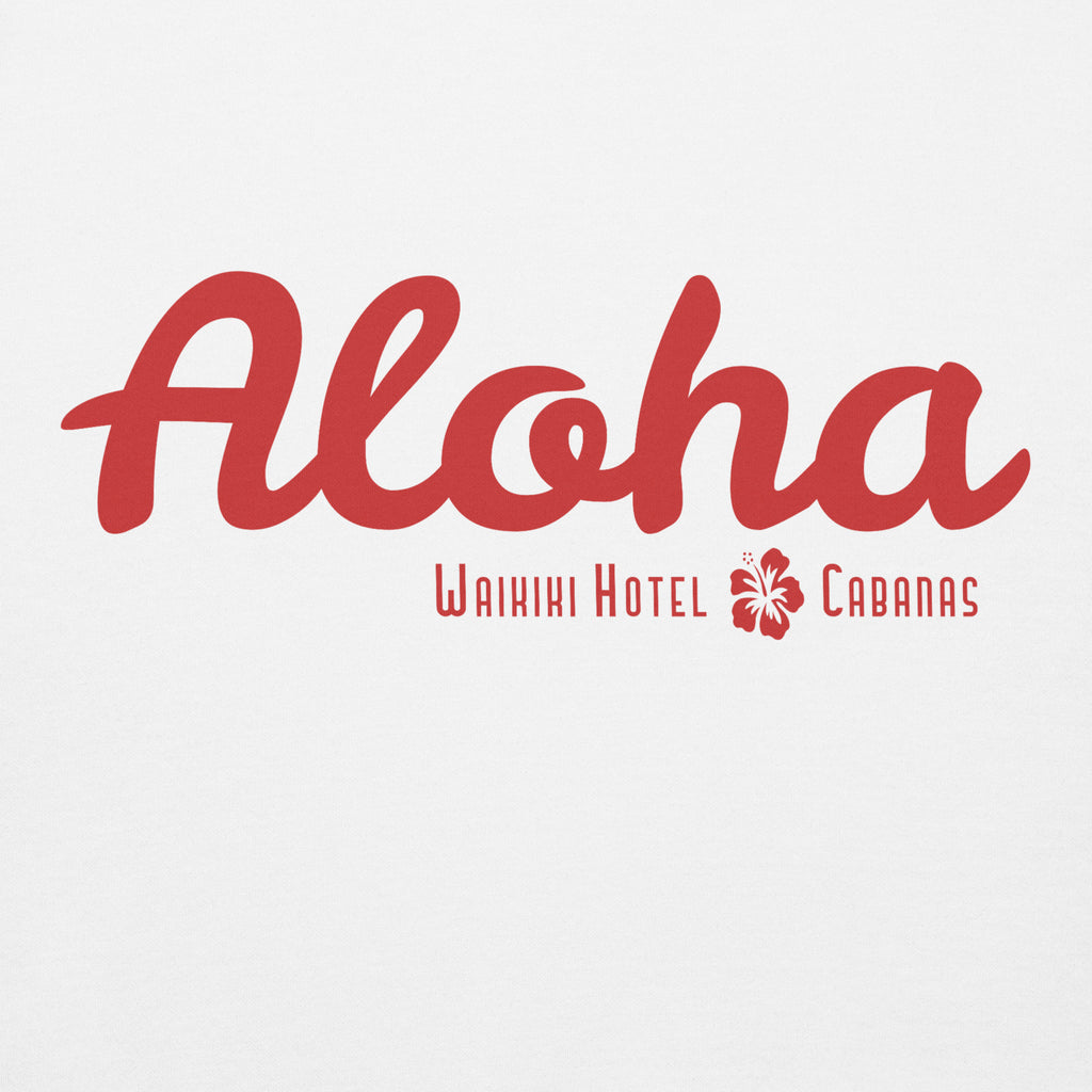 "Waikiki Hotel &amp; Cabanas" in vintage Hawaiian resort lettering, printed on a SodaPop Cool hoodie.