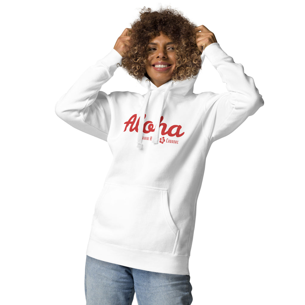 "Waikiki Hotel &amp; Cabanas" in vintage Hawaiian resort lettering, printed on a SodaPop Cool hoodie.