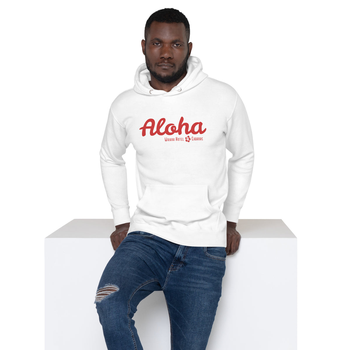 "Waikiki Hotel &amp; Cabanas" in vintage Hawaiian resort lettering, printed on a SodaPop Cool hoodie.