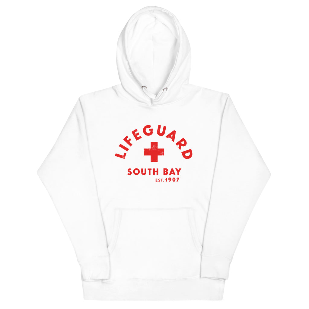 Lifeguard South Bay California 1907 vintage graphic, printed on a SodaPop Cool hoodie.