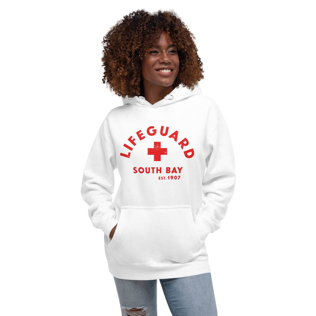 Lifeguard South Bay California 1907 vintage graphic, printed on a SodaPop Cool hoodie.