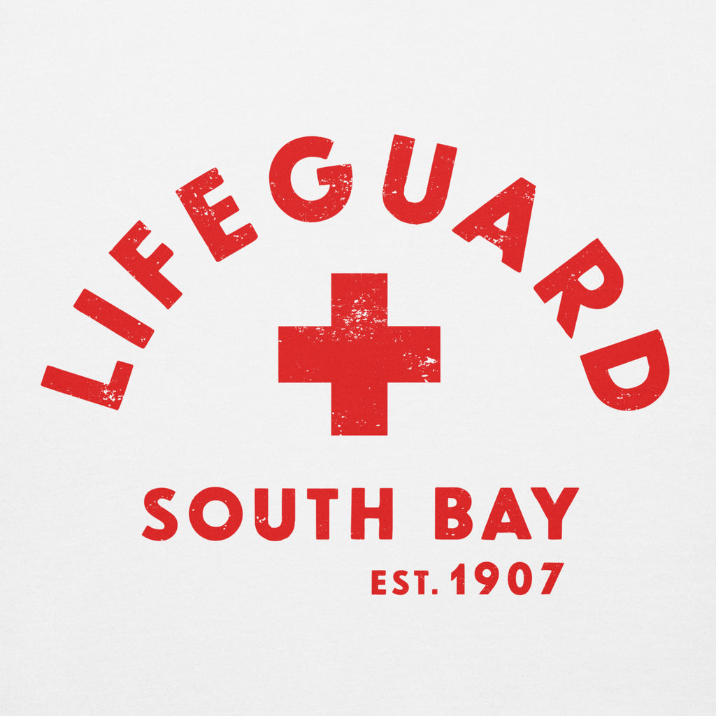 Lifeguard South Bay California 1907 vintage graphic, printed on a SodaPop Cool hoodie.