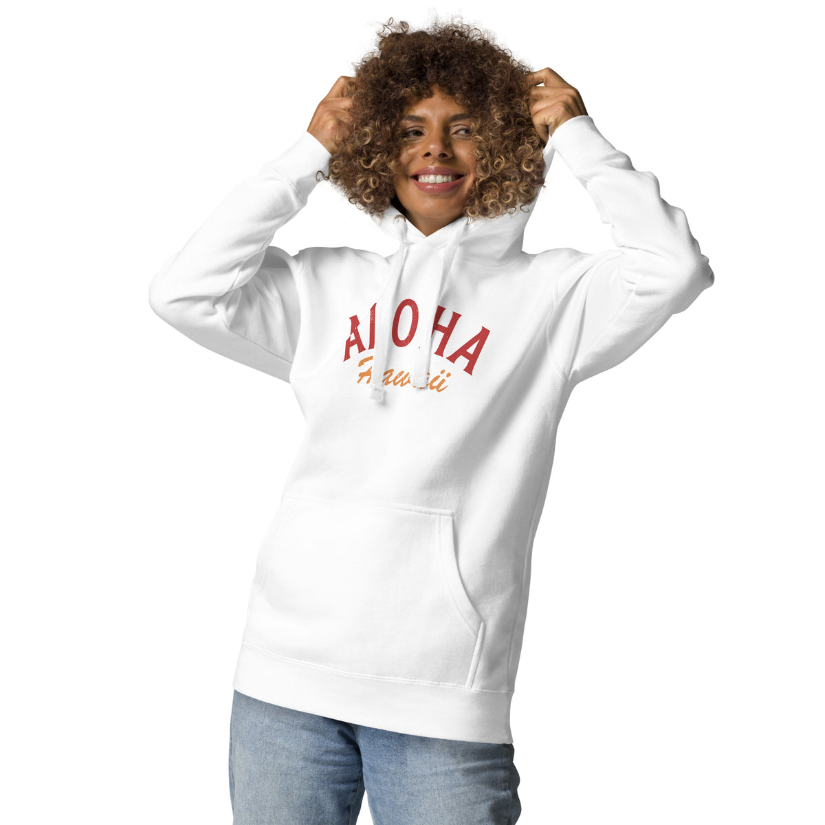 "Aloha Hawaii" in classic vintage island lettering, printed on a SodaPop Cool hoodie.