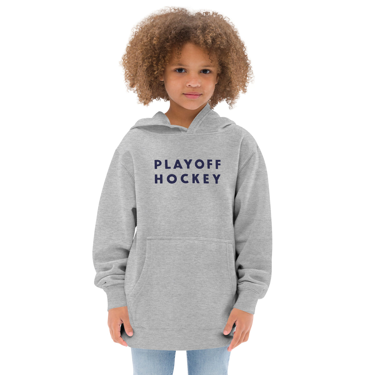 "Playoff Hockey" in simple retro athletic lettering, printed on a SodaPop Cool kids hoodie.