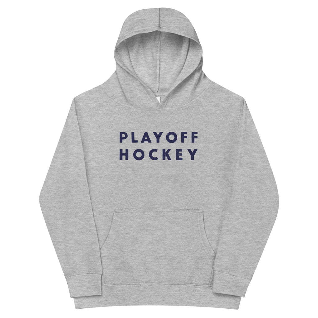 "Playoff Hockey" in simple retro athletic lettering, printed on a SodaPop Cool kids hoodie.