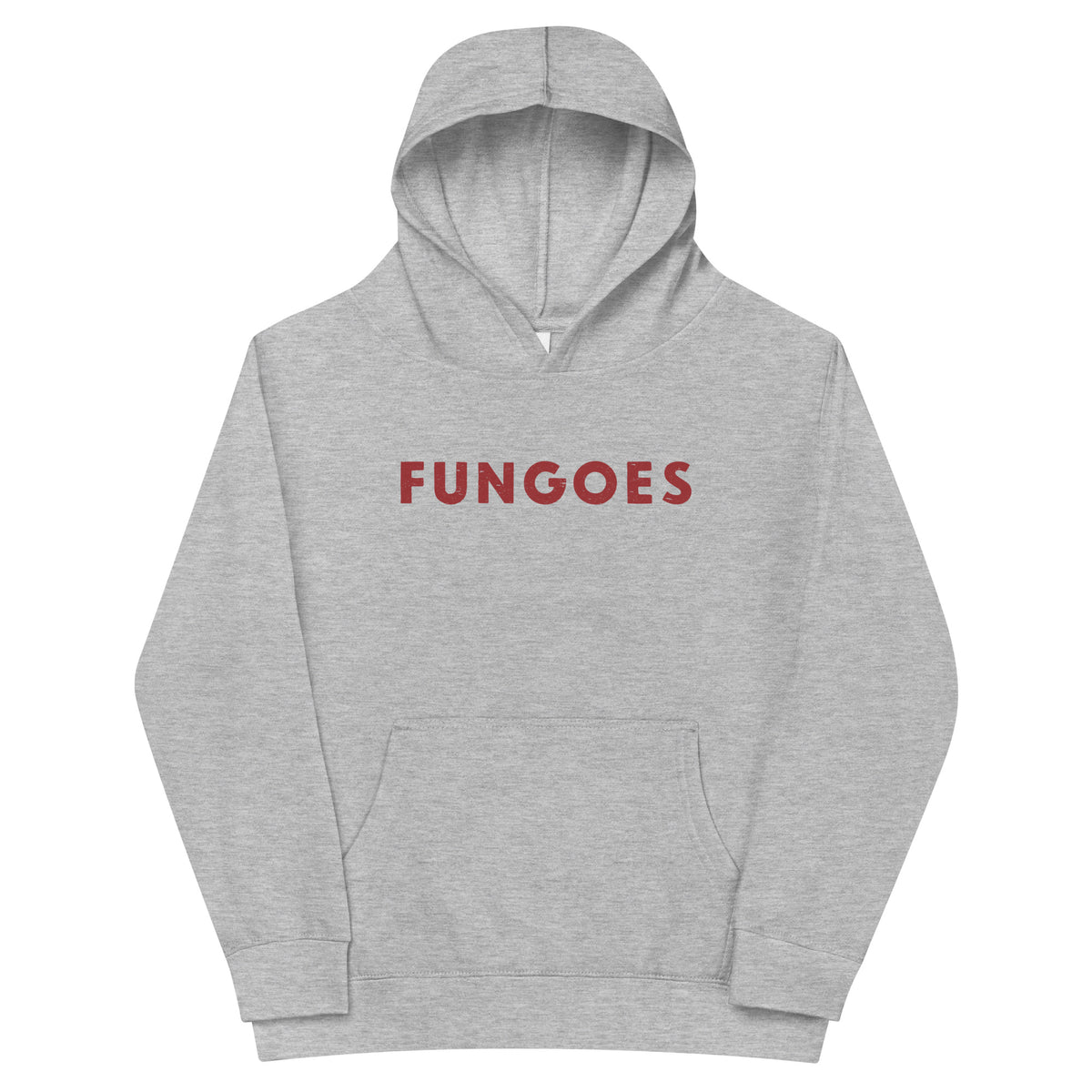 "Fungoes" in simple vintage baseball lettering, printed on a SodaPop Cool kids hoodie.