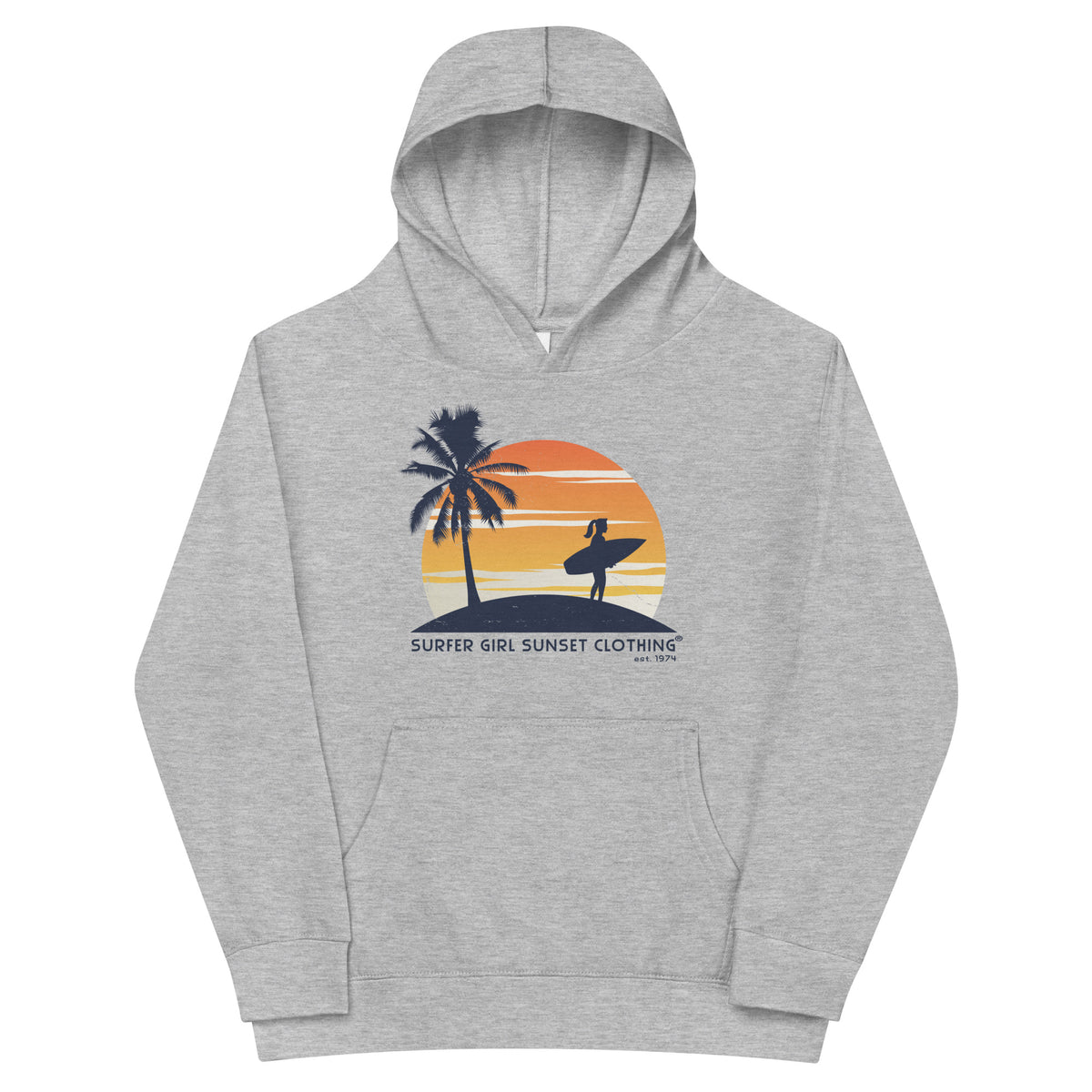 Surfer Girl Sunset Clothing vintage graphic, printed on a SodaPop Cool kids hoodie.