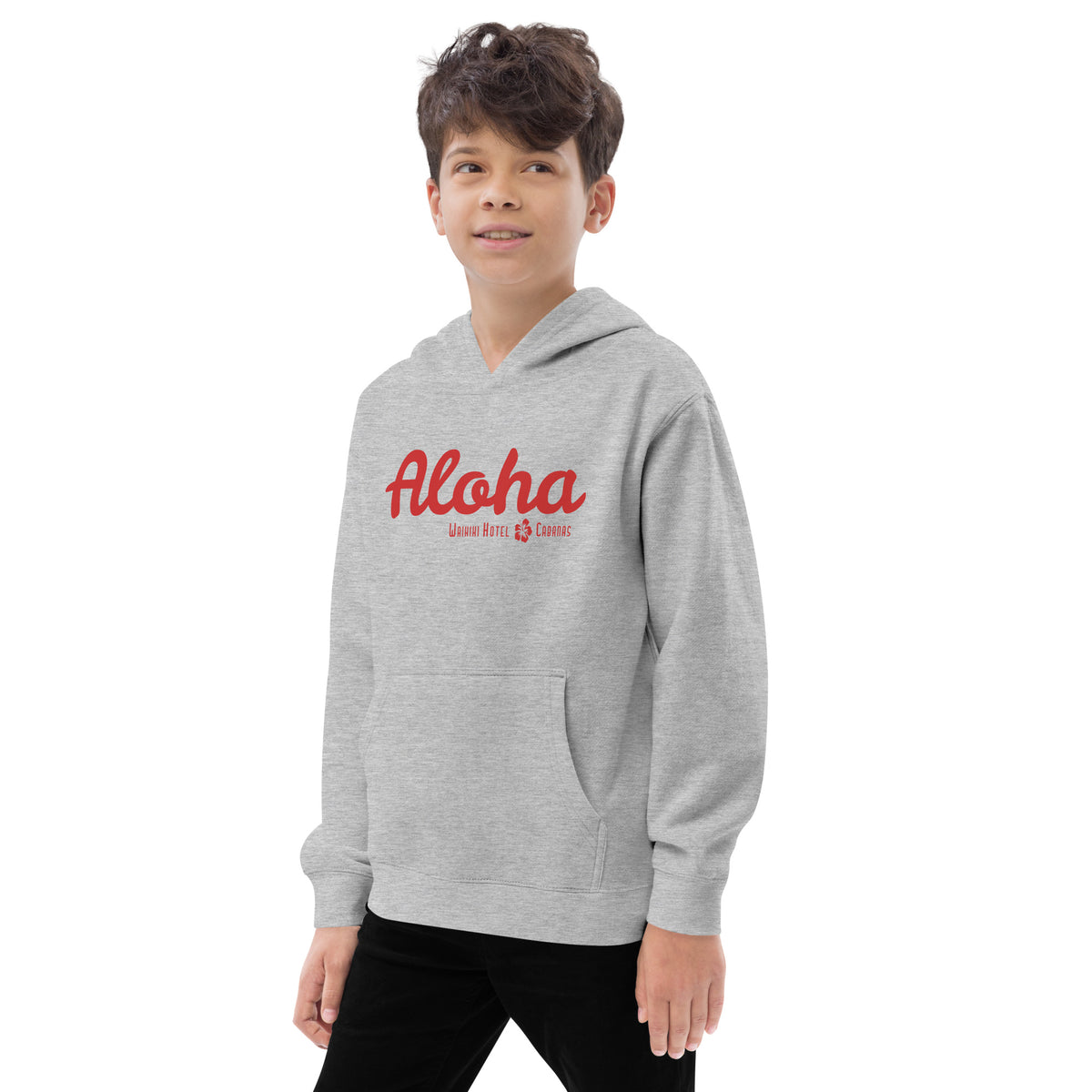 "Waikiki Hotel &amp; Cabanas" in vintage Hawaiian resort lettering, printed on a SodaPop Cool kids hoodie.
