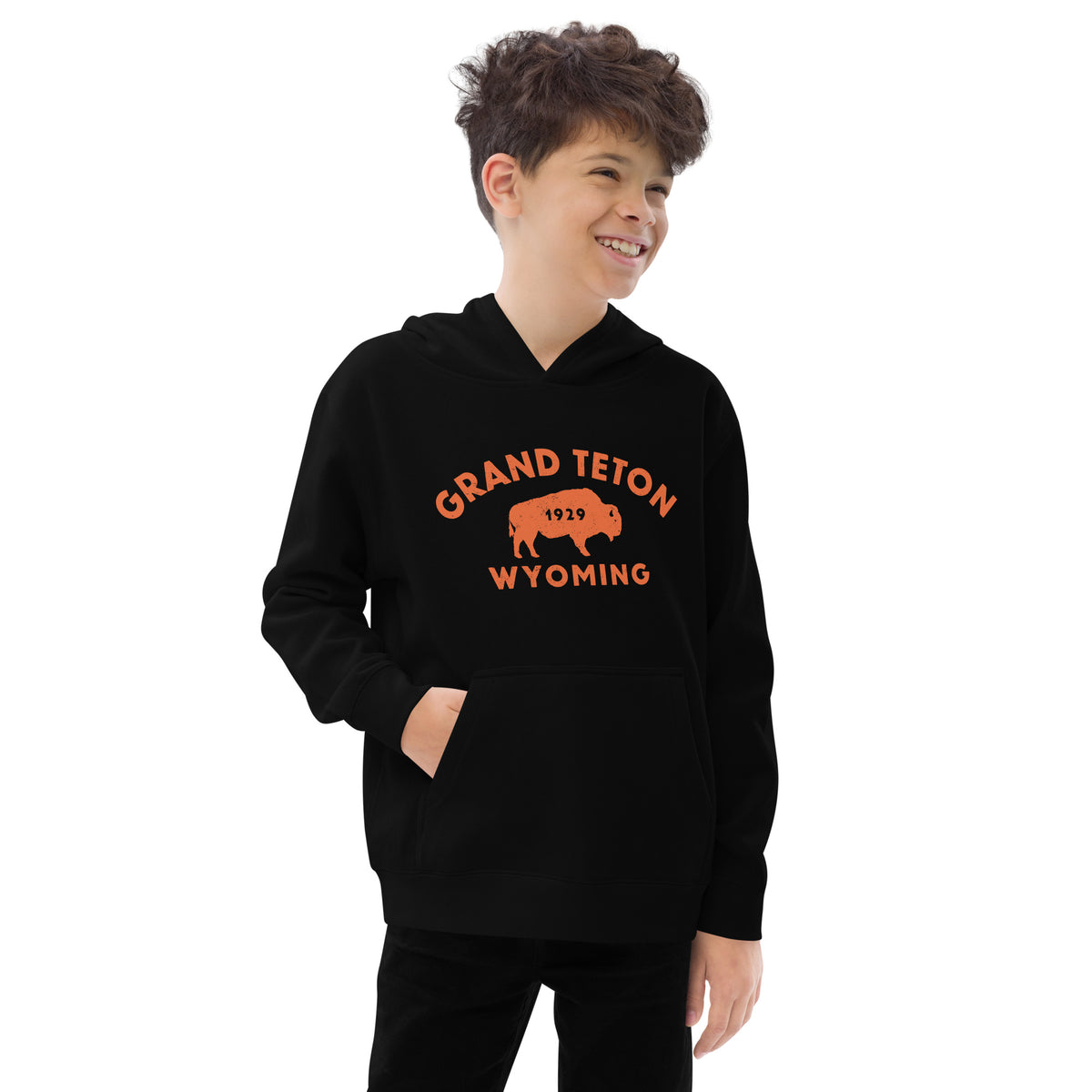 Bison in front of Grand Teton rock formations, vintage national park poster styling, printed on a SodaPop Cool kids hoodie.