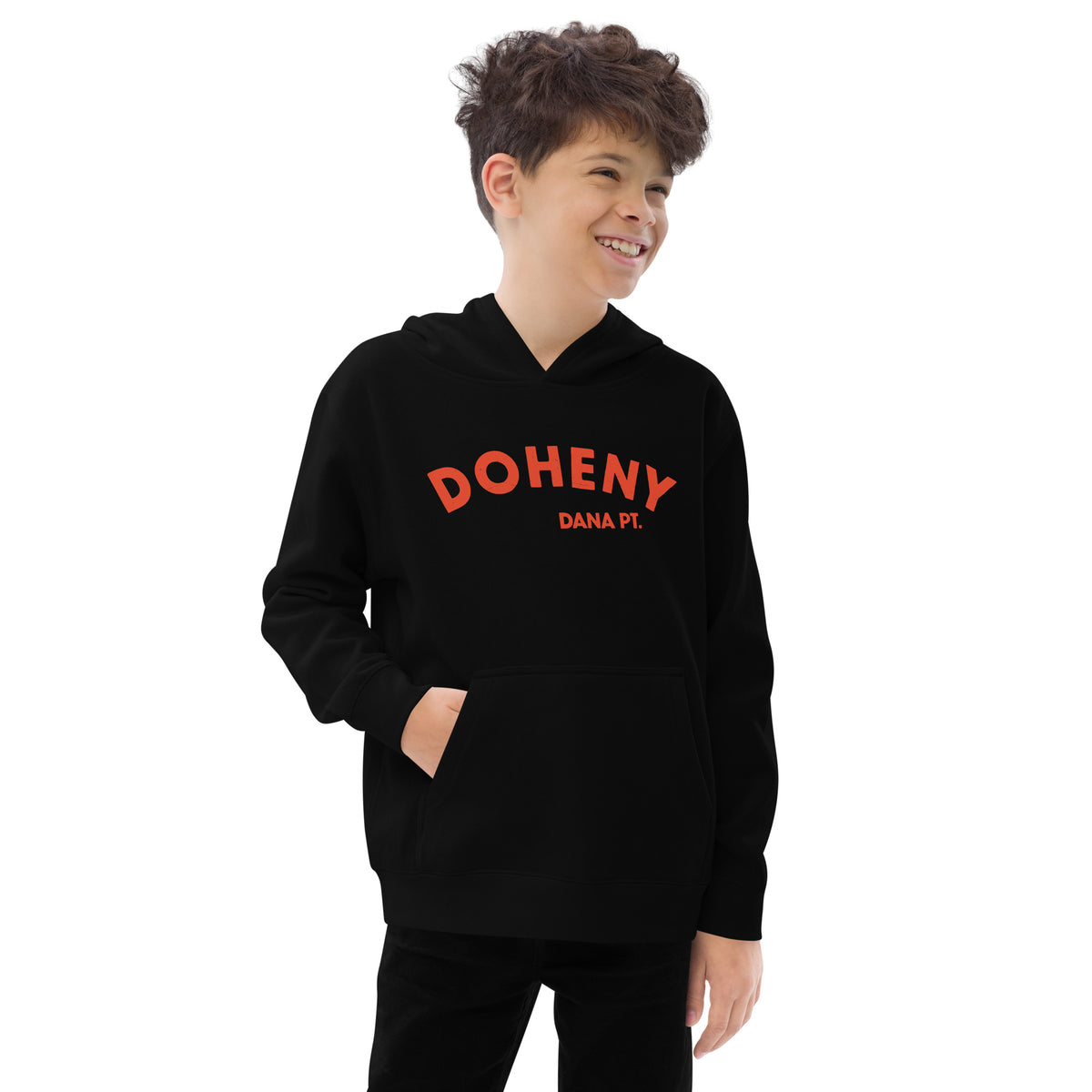 "Doheny Dana Point" in vintage California surf lettering, printed on a SodaPop Cool kids hoodie.