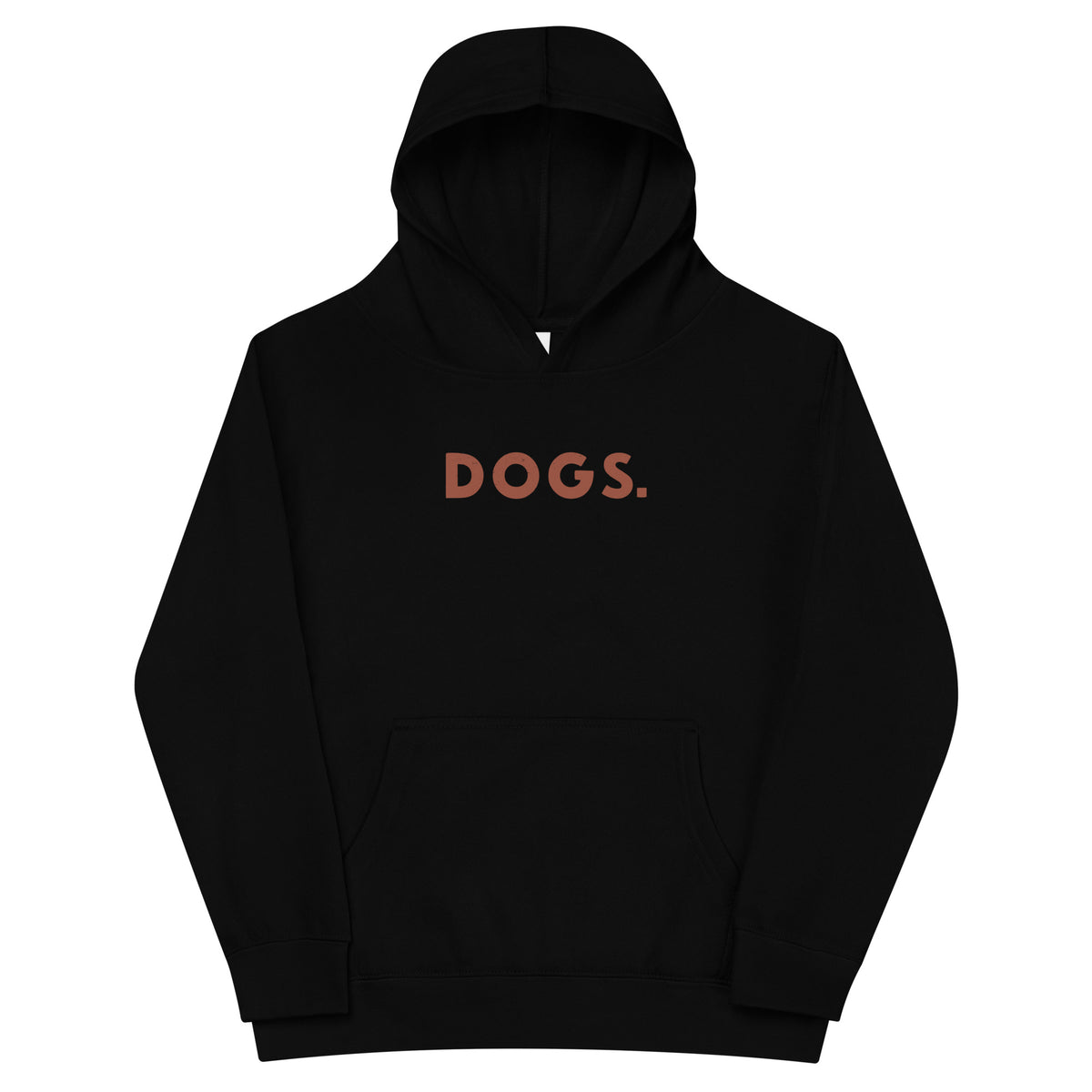 The word "Dogs." with a full stop, in vintage print styling, printed on a SodaPop Cool kids hoodie.