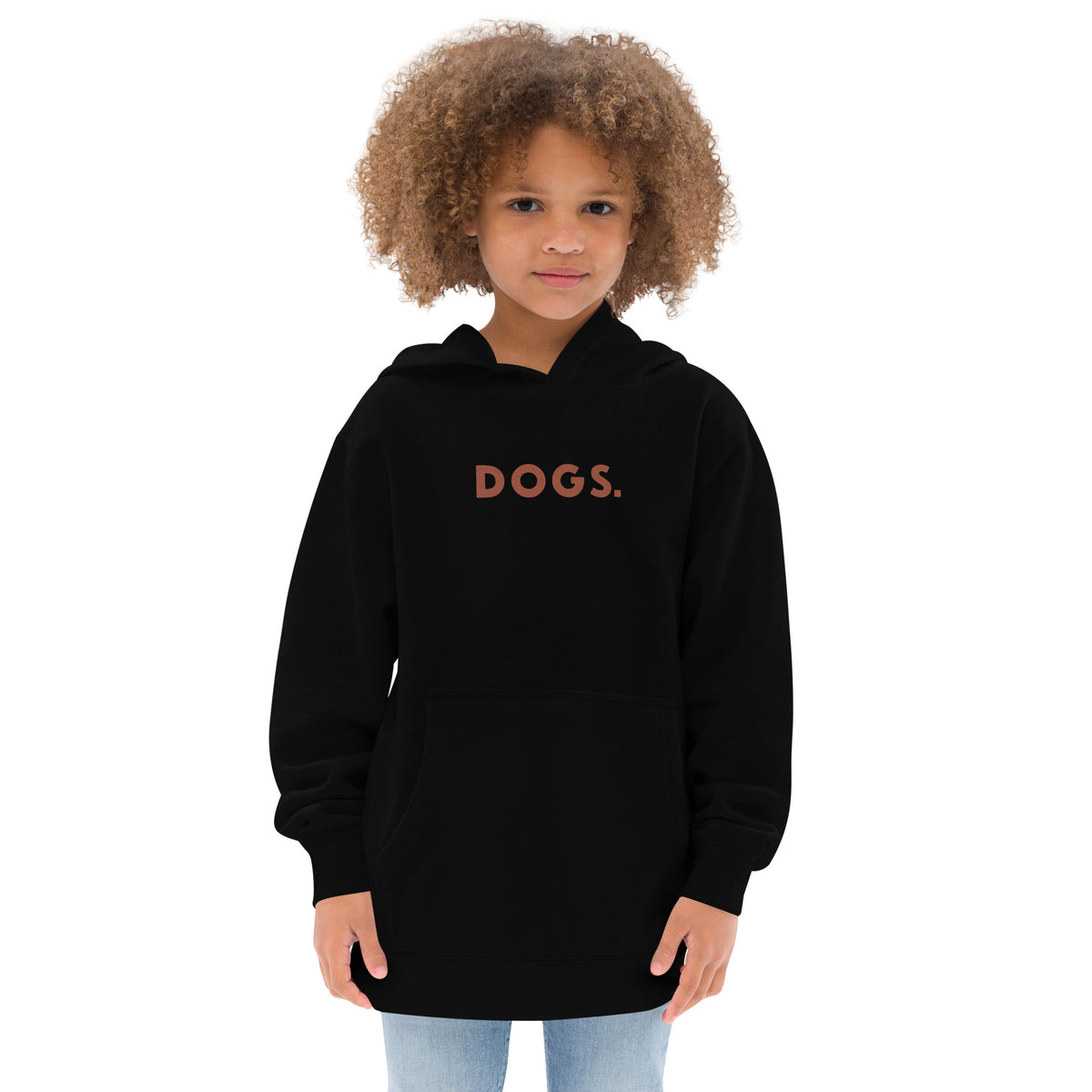 The word "Dogs." with a full stop, in vintage print styling, printed on a SodaPop Cool kids hoodie.